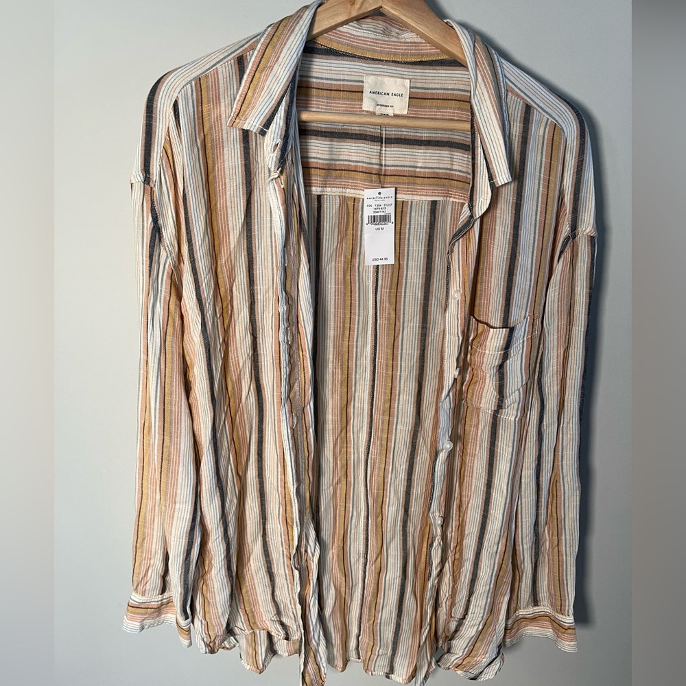 American Eagle Oversized Striped Button Down Shirt Tan Brown Viscose Medium NWT